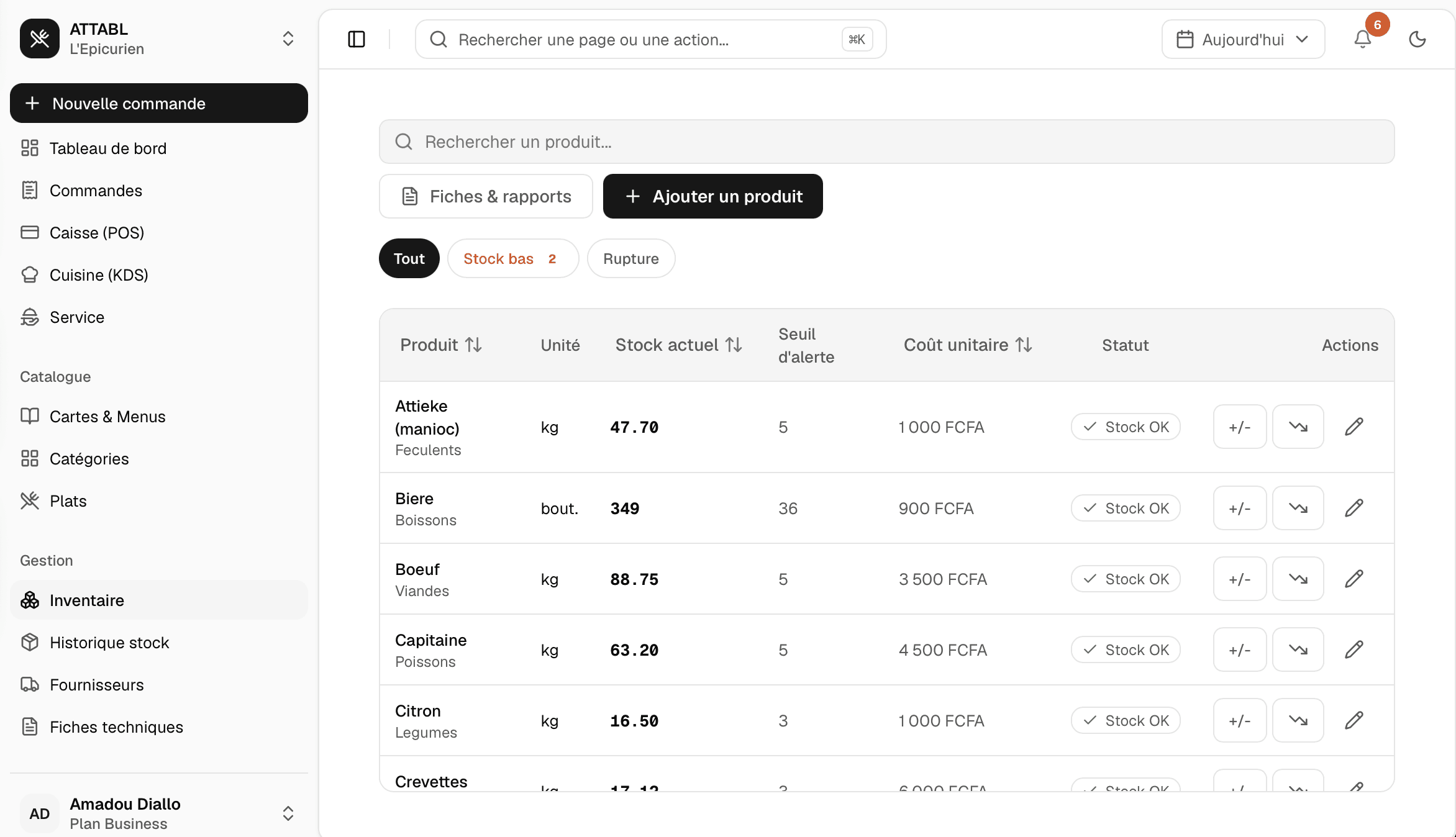 Tableau de l'inventaire : stock actuel, seuil d'alerte, coût unitaire et statut de chaque produit